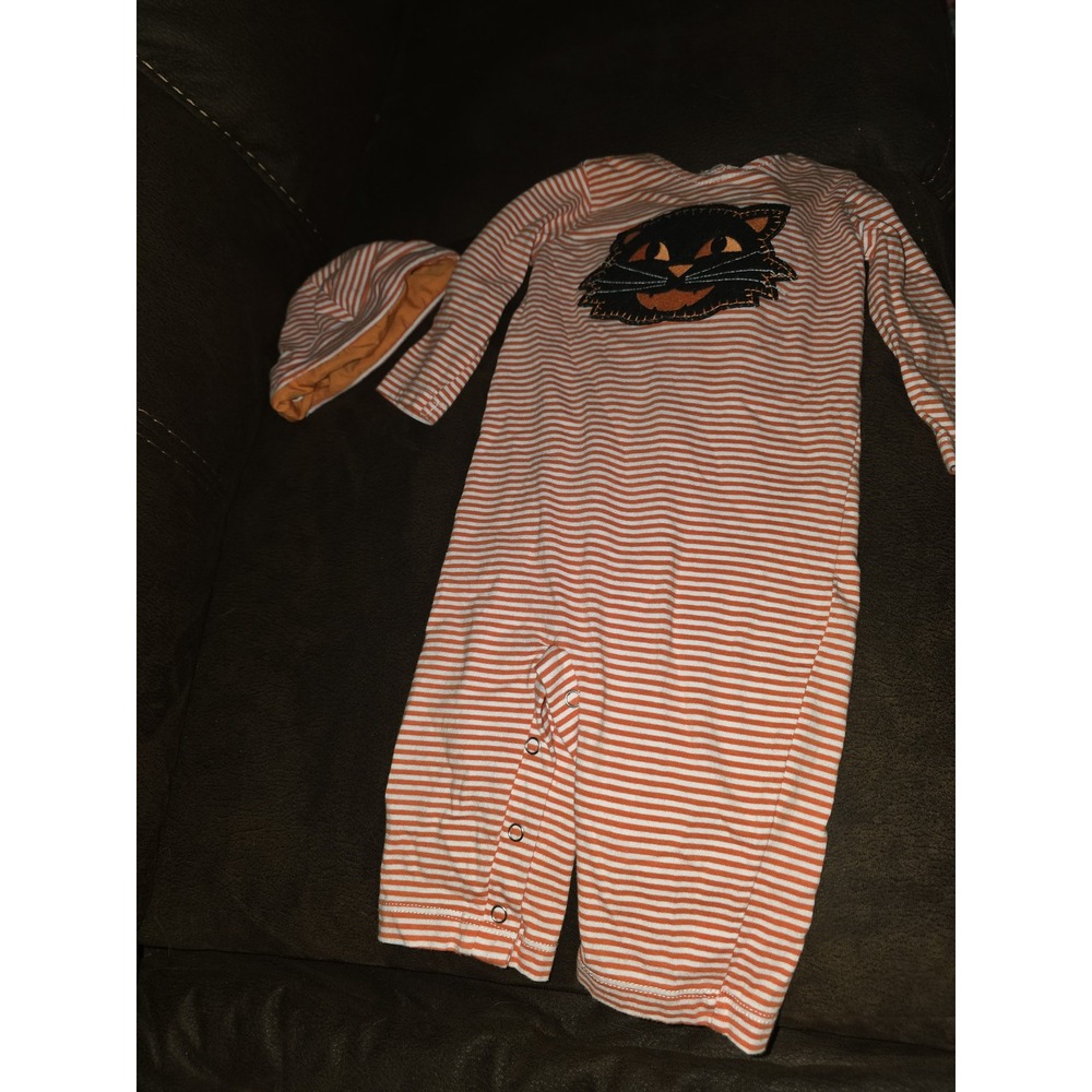 Pottery barn kids fall autumn Halloween black cat romper and hat size 6 9 months